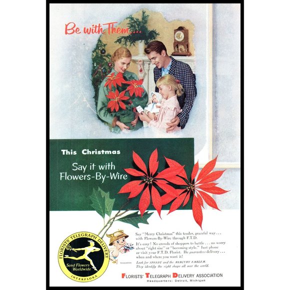 1953 FTD Florists Christmas Poinsettia Flower Vintage Print Ad Wall Art Photo - Picture 1 of 1